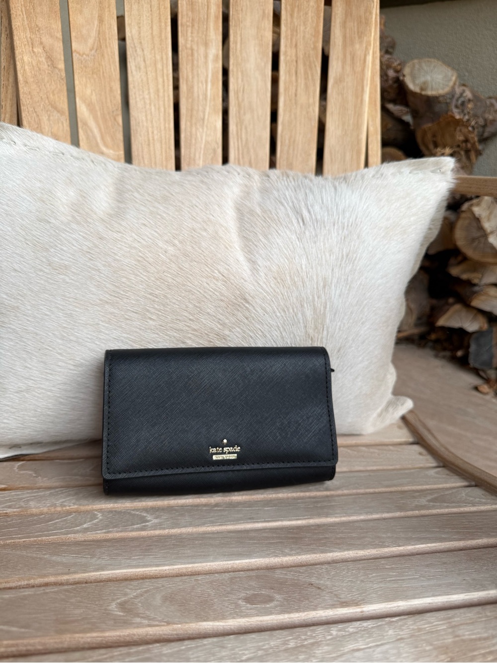 kate spade Black Saffiano Leather Trifold Wallet with Gold Logo